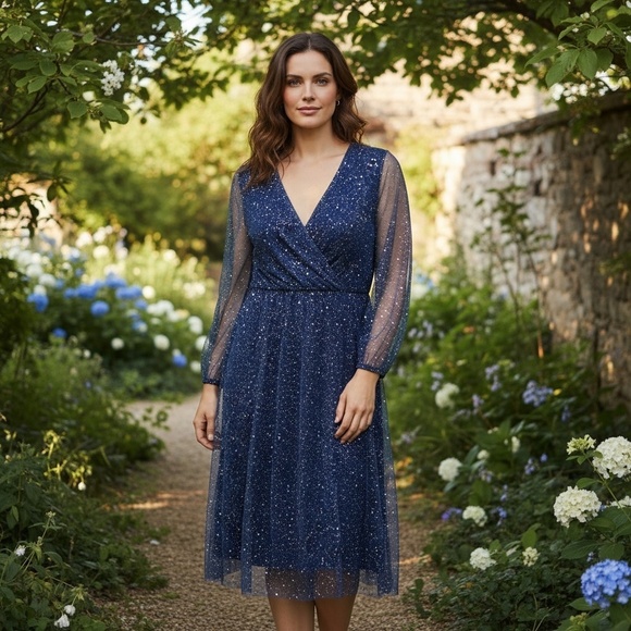 Dresses & Skirts - Women’s Shiny Mesh Lantern Sleeve Dress.